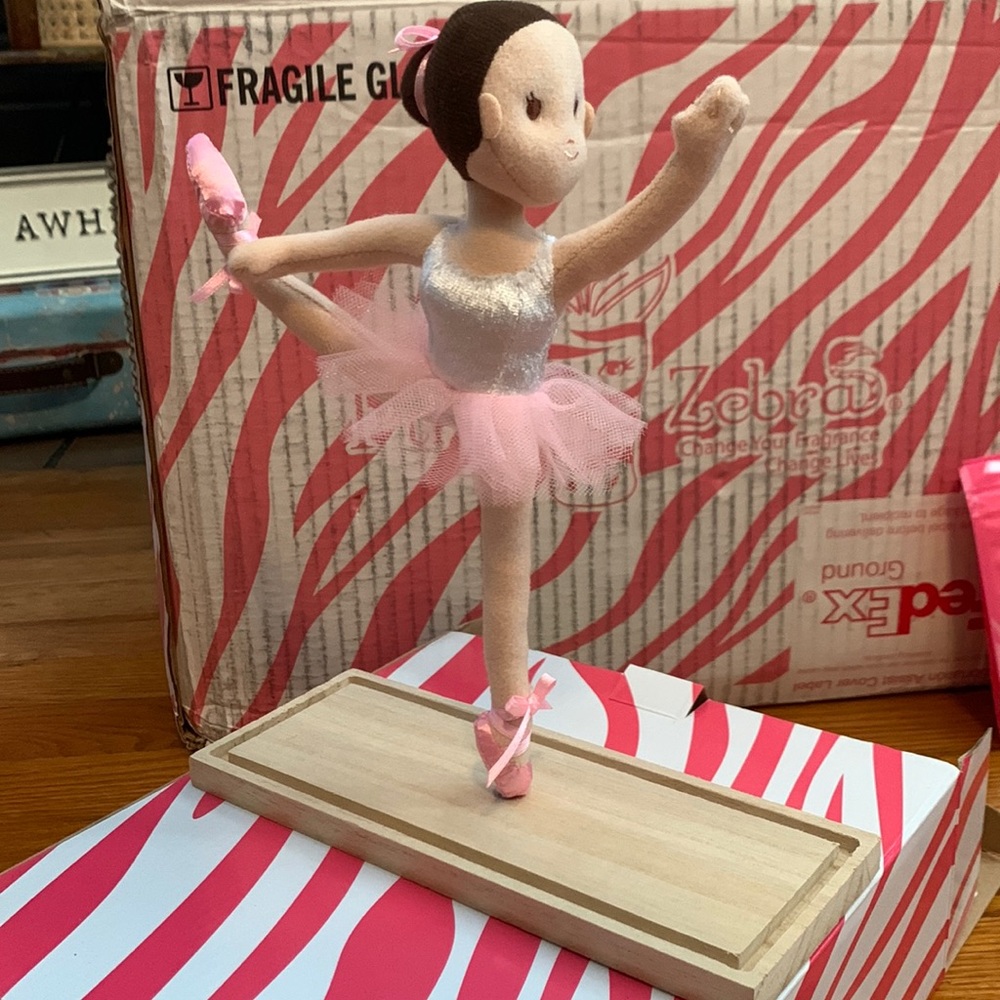 Pink Zebra Ballerina Doll Woolie with Wooden Base